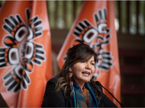 Tk'emlups te Secwepemc Kukpi7 (Chief) Rosanne Casimir speaks during a press conference prior to a ceremony to honor residential school survivors and mark the first National Truth and Reconciliation Day, in Kamloops on September 30, 2021 .