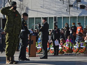 Remembrance Day ceremony at the cenotaph outside Edmonton City Hall on November 11, 2021. Photo by Ed Kaiser, Postmedia.