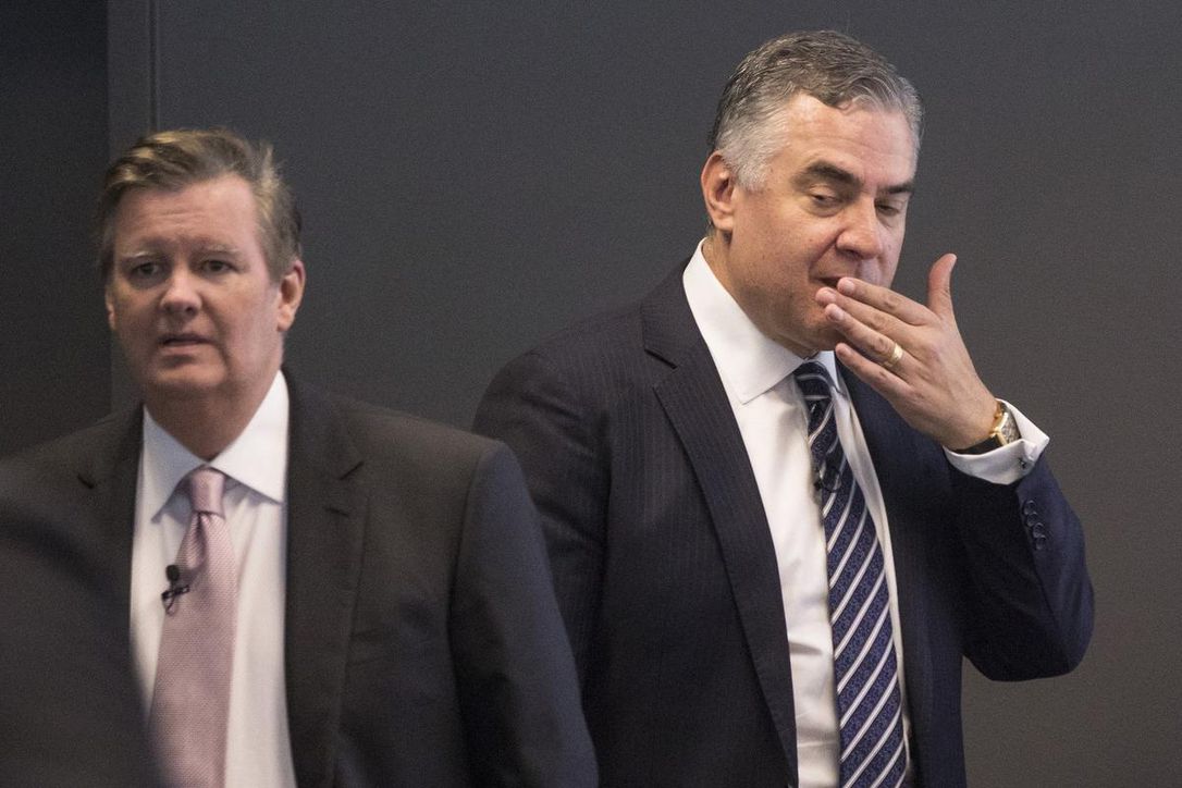Rogers President and CEO Joe Natale, right, and Chairman of the Board, Edward Rogers, attend the company's annual general meeting in Toronto on Thursday, April 18, 2019.