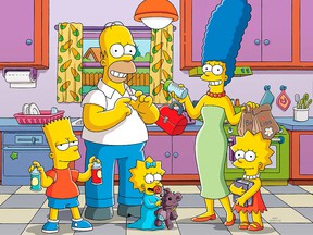 This image published by Fox shows animated characters, from left to right, Bart, Homer, Maggie, Marge and Lisa from 