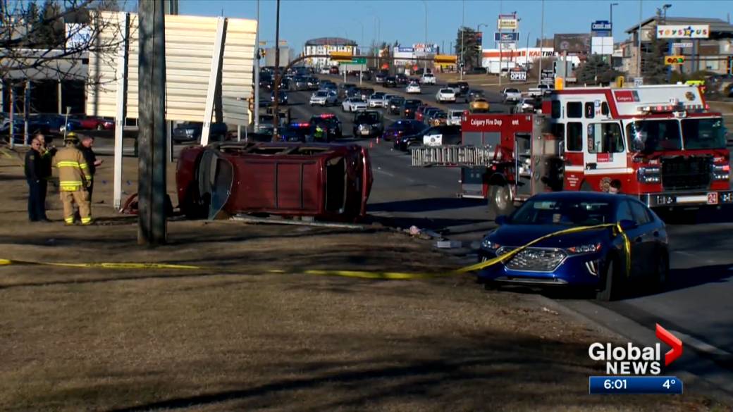 Click to play video: 'Calgary's Macleod Trail Serious Accident Causes Path of Destruction as 1 Serious Injured'