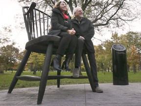 The City of Windsor unveiled the "Chairs You and Me" in Jackson Park on Tuesday, November 2, 2021. The sculpture is the latest installation in Windsor's public art collection.  Local artists Laura and Mark Williams, who created the chairs, pose for a photo during the press conference.