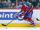 Montreal Canadiens defender Ben Chiarot controls the puck during the first period against the Pittsburgh Penguins in Montreal on November 18, 2021.