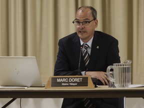 Dorval Mayor Marc Doret speaks at a council meeting last month.