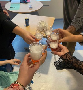 A non-alcoholic champagne toast on December 25 in a family room at the McGill University Health Center, following the wedding of Kelly Bédard and Daves Lachance.