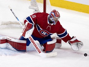 Montreal Canadiens goalkeeper Carey Price saves the Winnipeg Jets during playoff action in Montreal on June 6, 2021.