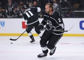 Alexander Edler of the Los Angeles Kings skates during warm-ups prior to the game against the Winnipeg Jets at the Staples Center on October 28, 2021 in Los Angeles, California.