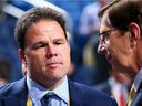 New York Rangers general manager Jeff Gorton, left, and Nashville Predators general manager David Poile attend the 2016 NHL Entry Draft on June 24, 2016 in Buffalo.