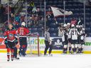 The Vancouver Giants celebrated a goal in their 5-3 road win over the Kelowna Rockets on Wednesday.