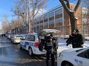 Montreal police were searching for a suspect after a teacher was stabbed at John F. Kennedy High School on Villeray St. on Thursday, December 9, 2021.