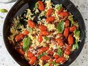 Devin Connell's 100+ Conveniently Delicious recipes include orzo with cherry tomatoes and bacon.