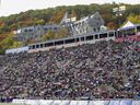Fans of the Montreal Alouettes up north meet at Molson Stadium during the game against the Ottawa Redblacks in Montreal on October 11, 2021. 