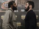 Light heavyweight boxers Artur Beterbiev, right, of Montreal, and Marcus Browne square off at a press conference in Montreal on December 15, 2021. The pair will fight on Friday at Montreal's Bell Center. 
