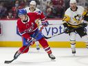 Canadiens' Brendan Gallagher shoots the Pittsburgh Penguins in Montreal on November 18, 2021. He was listed on the NHL's COVID-19 protocol list on December 2. 
