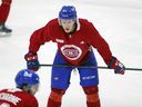 Defender Kaiden Guhle waits his turn during drills on the first day of the Montreal Canadiens rookie camp at the Bell Sports Complex in Brossard on September 16, 2021.