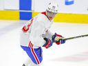 Jan Mysak looks for a pass during the first day of the Montreal Canadiens rookie camp at the Bell Sports Complex in Brossard on September 16, 2021.
