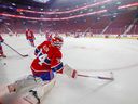 Canadiens goalkeeper Jake Allen during warm-ups at the empty Bell Center before their game against the Philadelphia Flyers in Montreal on December 16, 2021, after the public health department requested the Canadiens to keep the game. no fans due to rising COVID-19 numbers in the province. 