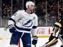 Lightning's Steven Stamkos reacts after scoring the game-winning goal against Bruins goalkeeper Jeremy Swayman this month.  Stamkos leads his team in scoring with totals of 14-21-35.