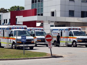 Essex-Windsor EMS ambulances are displayed outside Erie Shores HealthCare in Leamington on July 2, 2020.