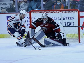 Vancouver Giants goalkeeper Jesper Vikman turned off the Kamloops Blazer Nick McCarry on Friday in the Giants' 3-1 win at Langley Events Center.