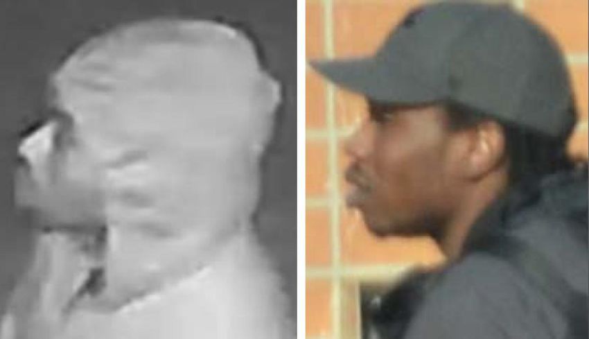 Surveillance video still capturing the murder of Leonard Pinnock, on the left, and a surveillance image of Akil Whyte taken a few weeks after the murder, on the right.  His lawyer argues that he is nothing like the "round face" shooter.