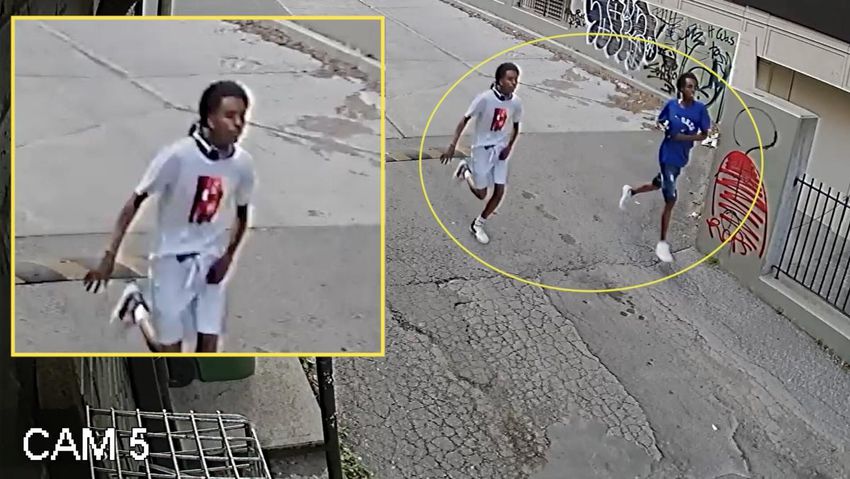 A surveillance video photo taken on June 30, 2018 shows Abdulkadir Handule, white, fleeing the scene of the double murder of Jahvante Smart and Ernest Modekwe with another unidentified man.