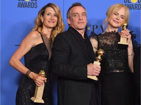 Jean-Marc Vallée with Big Little Lies starring Laura Dern, left, and Nicole Kidman at the 2018 Golden Globes. Both actors won trophies and the HBO show won the award for best miniseries or television movie.