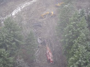A Canadian Pacific locomotive and its carriages rolled off the railroad track in heavy rain and landslides in Fraser Canyon near Hope last month.