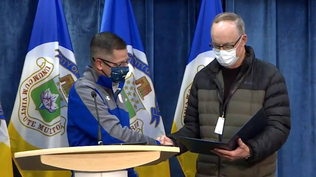 Click to Play Video: Bob Irving, Voice of 'Winnipeg Blue Bombers' Receives Community Service Award from City Mayor'