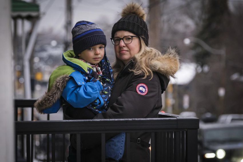 Bronwen Alsop and her son Liam are photographed outside their home, Tuesday, Nov.30, 2021, in Toronto, Ontario.