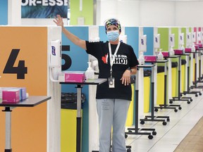 Karen Riddell, director of nursing and director of operations for Windsor Regional Hospital, gives a media tour of the new Devonshire Mall vaccination center on Friday, June 18, 2021.