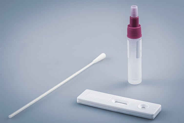 Components of a rapid antigen test: a swab, a vial of reagent liquid, and a test device.