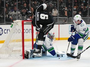 LA Kings center Adrian Kempe (9) shoots the puck against Vancouver Canucks goalkeeper Jaroslav Halak (41) in the second period at Crypto.com Arena.