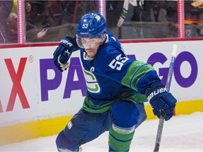 Vancouver Canucks forward Bo Horvat (53) celebrates his winning goal against the Columbus Blue Jackets in the third period at Rogers Arena.  Vancouver won 4-3.