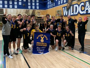 The Kelowna High School Owls, after winning the BC Boys AAA volleyball championship on Saturday.  Front row, left to right: Oaklen Kowal, Maxim Storozhuk, Max Gainey, Owen McParland, Lynden Infanti.  Standing left to right: Mike Sodaro (head coach), Manuel Olliges, Sam Jablonski, Hudson Farrell, Kian Bos, Sebastien Manuel, Walker Sodaro, Tyler Valuck, Aiden Currie, Gavin Margerison, Brady Ibbetson and Steve Manuel (coaches assistants).