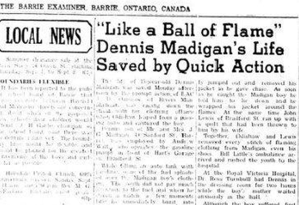 The Barrie Examiner told a story about Dennis Madigan's work accident in 1949 and the rescue of a bystander.