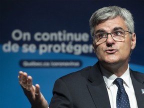 Quebec's Minister for Government Digital Transformation, Eric Caire, speaks during a press conference in Montreal, on August 24, 2021.