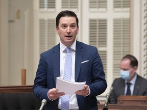 The Quebec Minister of Justice, Simon Jolin-Barrette, responsible for the French language, presents legislation to modify the language law, on Thursday, May 13, 2021, in the Quebec City legislature.