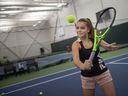 Stasia Kryk, 13, throws a backhand volley while exercising at the Zekelman Tennis Center at St. Clair College on Thursday, Aug. 26, 2021. Kryk is a FILA and Wilson sponsored high-performance tennis player.  