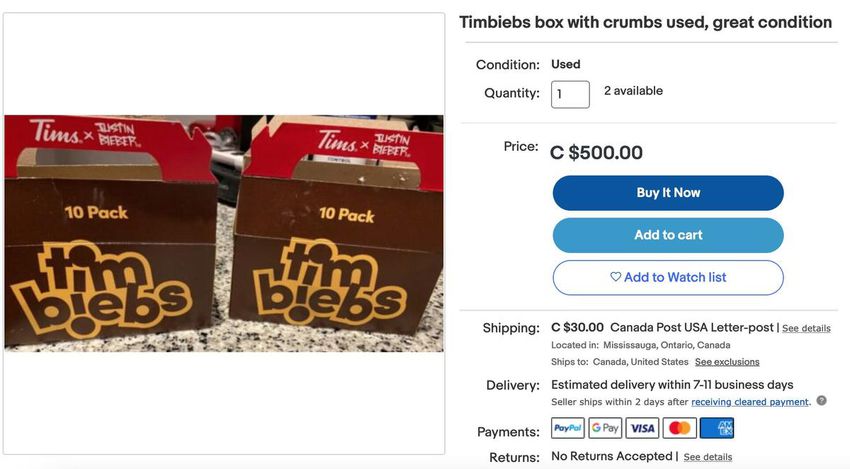 Some have taken the opportunity to resell Timbiebs items on sites like Ebay.  Listings include empty and used Timbiebs boxes starting at $ 100 and 10 Timbiebs for $ 49.99.