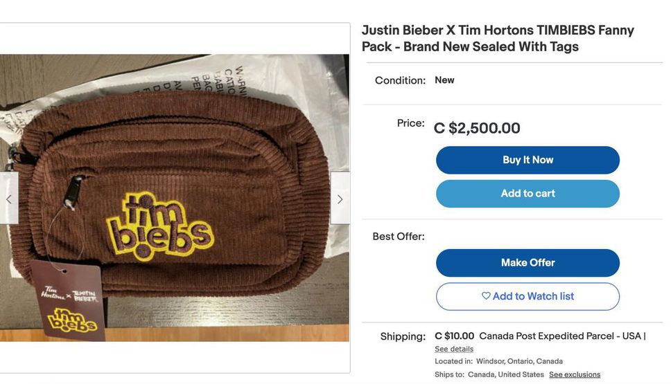 A Timbiebs fanny pack from the product line, which retails for $ 29.99, is listed on Ebay for $ 2,500.