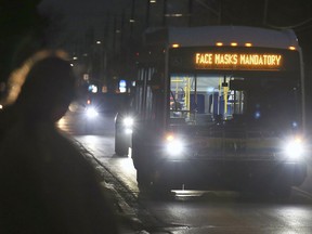 A Transit Windsor bus approaches a stop on Lauzon Road on Tuesday, Nov.30, 2021.