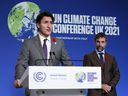 Prime Minister Justin Trudeau and Minister for the Environment and Climate Change Steven Guilbeault at a press conference on November 2 at COP26 in Glasgow, Scotland.