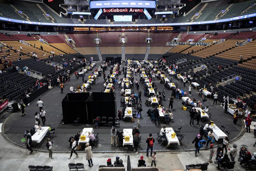 General view of the COVID-19 childhood vaccination clinic at the Scotiabank Arena in Toronto, Sunday, December 12, 2021 THE CANADIAN PRESS / Chris Young