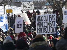 Protesters gather at Place Jacques-Cartier on Saturday, January 8, 2022, to denounce the government's measures around the COVID-19 pandemic.