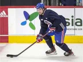 Josh Anderson wears a contactless jersey while participating in practice for the Montreal Canadiens at the Bell Sports Complex in Brossard on January 10, 2022.