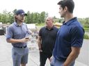 Former Canadiens captain Max Pacioretty (right) and current Habs forward Jonathan Drouin (left) chat with players agent Allan Walsh during the Jonathan Drouin Charity Golf Tournament on September 6, 2018 in Terrebonne.  Walsh is the agent for both players.