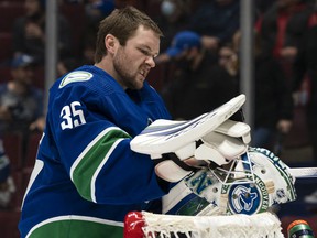 Thatcher Demko of the Vancouver Canucks during NHL action against the New York Rangers on November 2, 2021 at Rogers Arena.