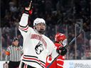 Aidan McDonough # 25 of the Northeastern Huskies celebrates after scoring a goal during the second period of the 2020 Beanpot Tournament Championship game between the Northeastern Huskies and the Boston University Terriers at the TD Garden on February 10, 2020 in Boston.