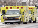 Ambulances are displayed outside a hospital amid the global COVID-19 pandemic, in Montreal, Tuesday, December 28.